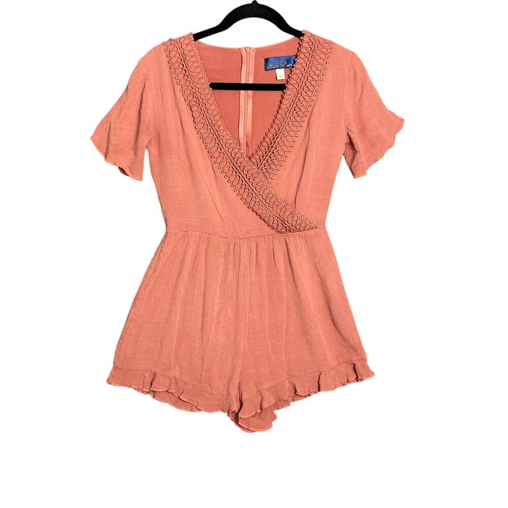 Pink Lace Trim Ruffled Short Sleeve Wrap Romper Size Small Boho Summer Casual‎